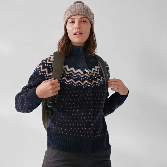 Fjallraven Women's Ovik Knit Wool Cardigan Sweater XS Fair Isle Nordic Blue Navy - Picture 14 of 16